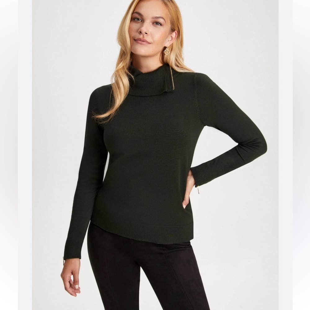 Laura Zippered Split Neck Sweater Forest Green